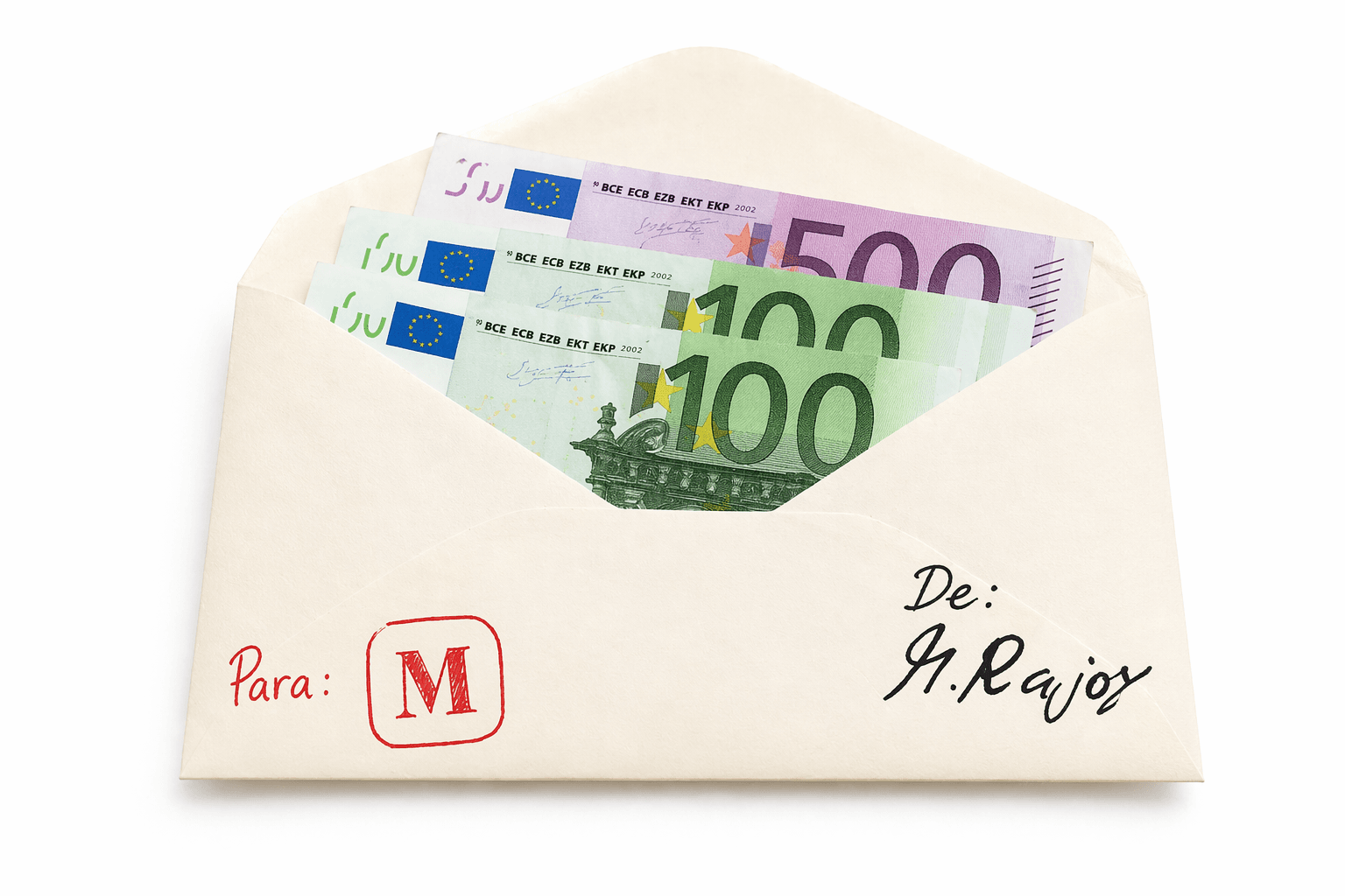 Sobre amb bitllets de 100 i 500 euros adreçat a M. Rajoy